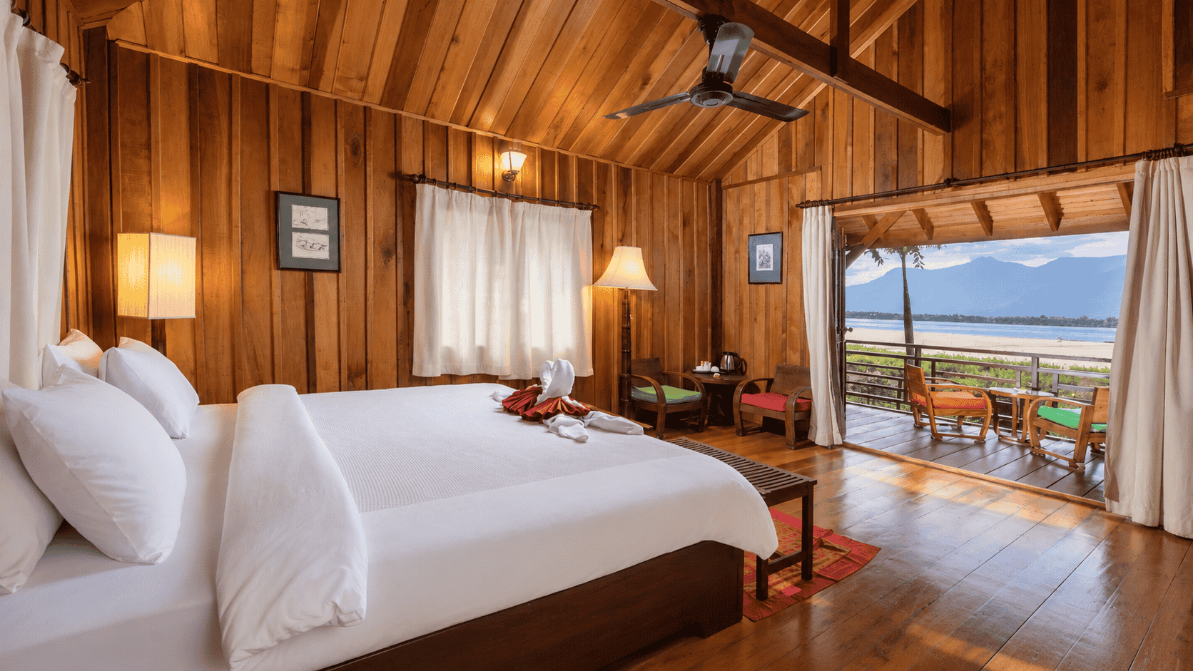 An airy bungalow interior opening towards the Mekong.