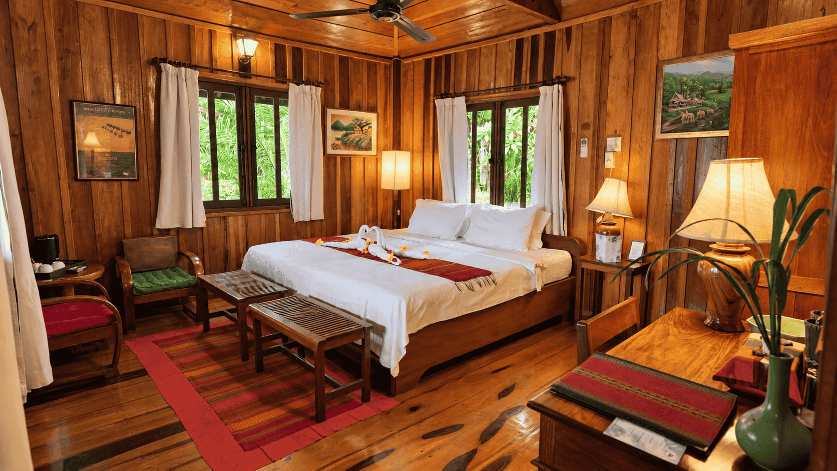 Timber interiors and a view into the gardens at La Folie Lodge.